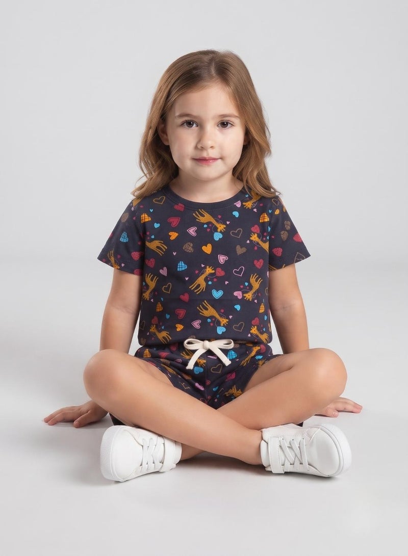babyqlo Girls Navy Heart and Giraffe Print Co-ord Set - Image 3