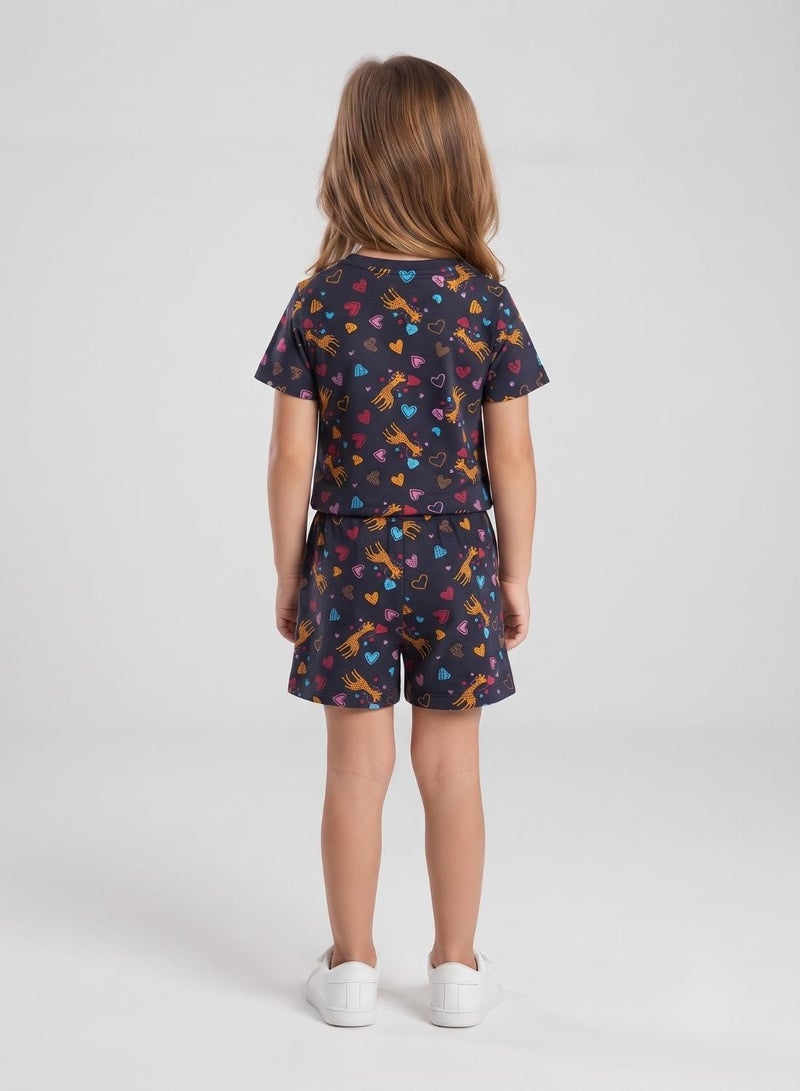 babyqlo Girls Navy Heart and Giraffe Print Co-ord Set - Image 2