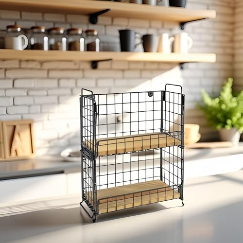 TIEYIPIN 2-Tier Stackable Metal Wire Hanging Baskets, Fruit Basket,Snack Station for Countertop, Coffee Bar Storage Organizer with Detachable Wooden Base, Rustic Farmhouse Counter Shelf - Black - Image 3
