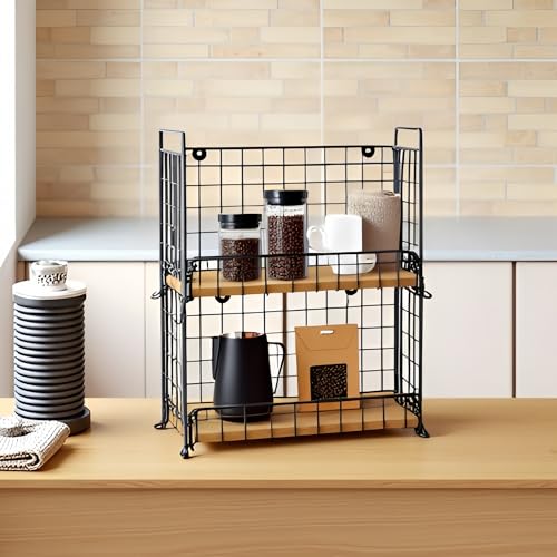 TIEYIPIN 2-Tier Stackable Metal Wire Hanging Baskets, Fruit Basket,Snack Station for Countertop, Coffee Bar Storage Organizer with Detachable Wooden Base, Rustic Farmhouse Counter Shelf - Black - Image 2