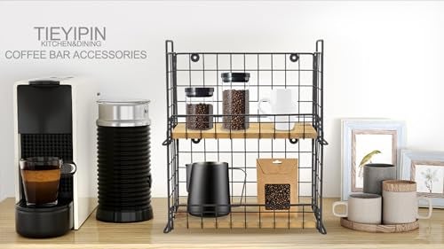 TIEYIPIN 2-Tier Stackable Metal Wire Hanging Baskets, Fruit Basket,Snack Station for Countertop, Coffee Bar Storage Organizer with Detachable Wooden Base, Rustic Farmhouse Counter Shelf - Black - Image 5