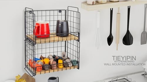 TIEYIPIN 2-Tier Stackable Metal Wire Hanging Baskets, Fruit Basket,Snack Station for Countertop, Coffee Bar Storage Organizer with Detachable Wooden Base, Rustic Farmhouse Counter Shelf - Black - Image 4