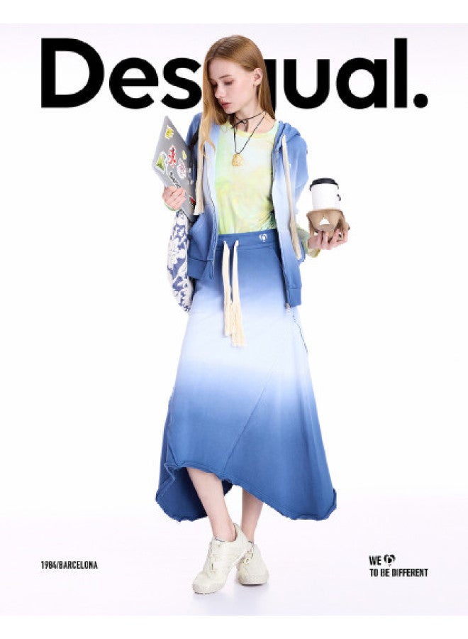 DESIGUAL 25 Fall/Winter New Arrival Dip-Dyed Gradient Blue Frayed Hem Split Skirt - Image 1