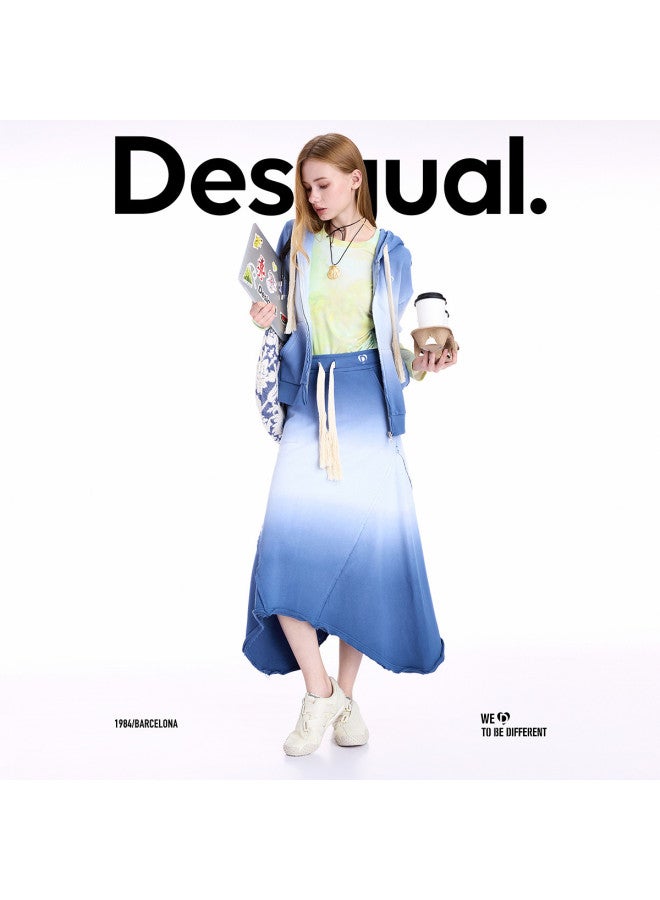 DESIGUAL 25 Fall/Winter New Arrival Dip-Dyed Gradient Blue Frayed Hem Split Skirt - Image 2