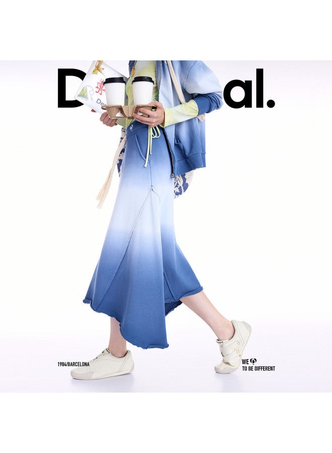 DESIGUAL 25 Fall/Winter New Arrival Dip-Dyed Gradient Blue Frayed Hem Split Skirt - Image 3