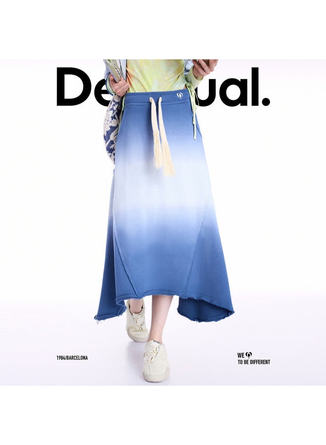 DESIGUAL 25 Fall/Winter New Arrival Dip-Dyed Gradient Blue Frayed Hem Split Skirt - Image 5