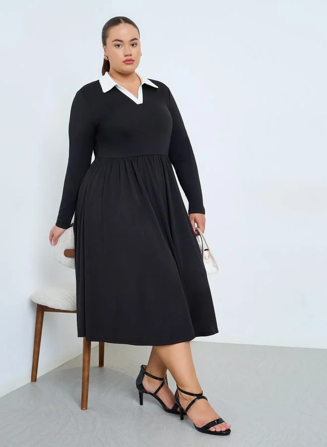 Styli Plus Size Contrast Panel Collar Midi Dress