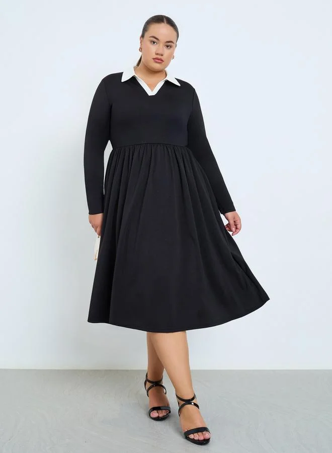 Styli Plus Size Contrast Panel Collar Midi Dress