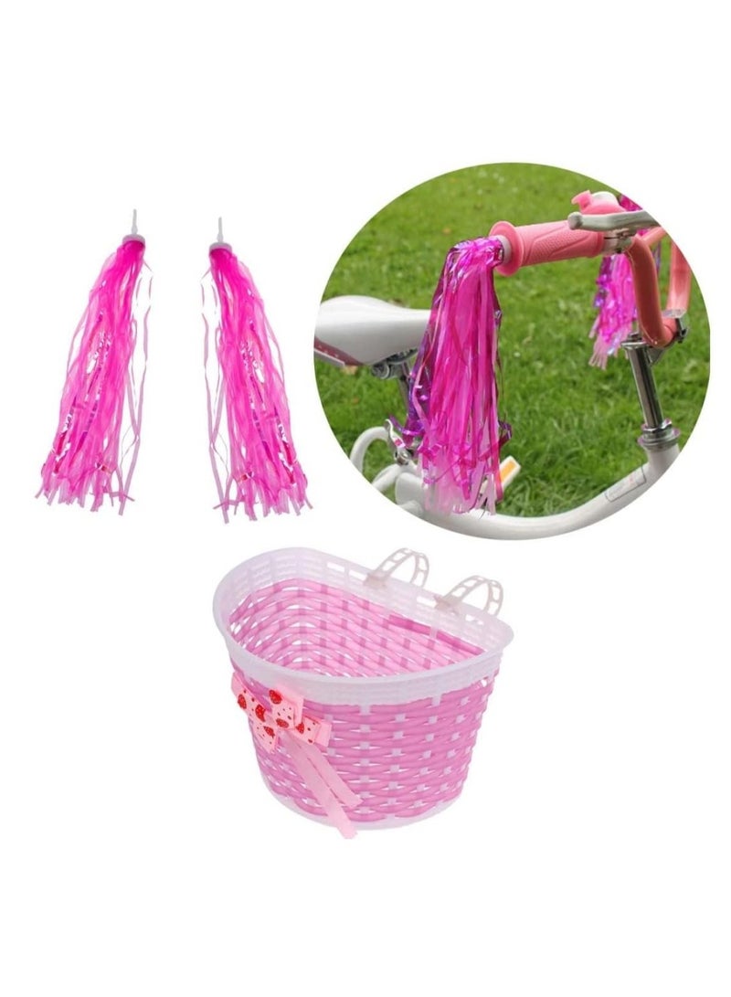 Excefore Kid's Bicycle Basket Streamers Set, Girl Bike Basket, Bike Handlebar Wicker Basket Bike Streamers Bell and Stickers,Bike Basket Front Decoration for Girls Pink - Image 4