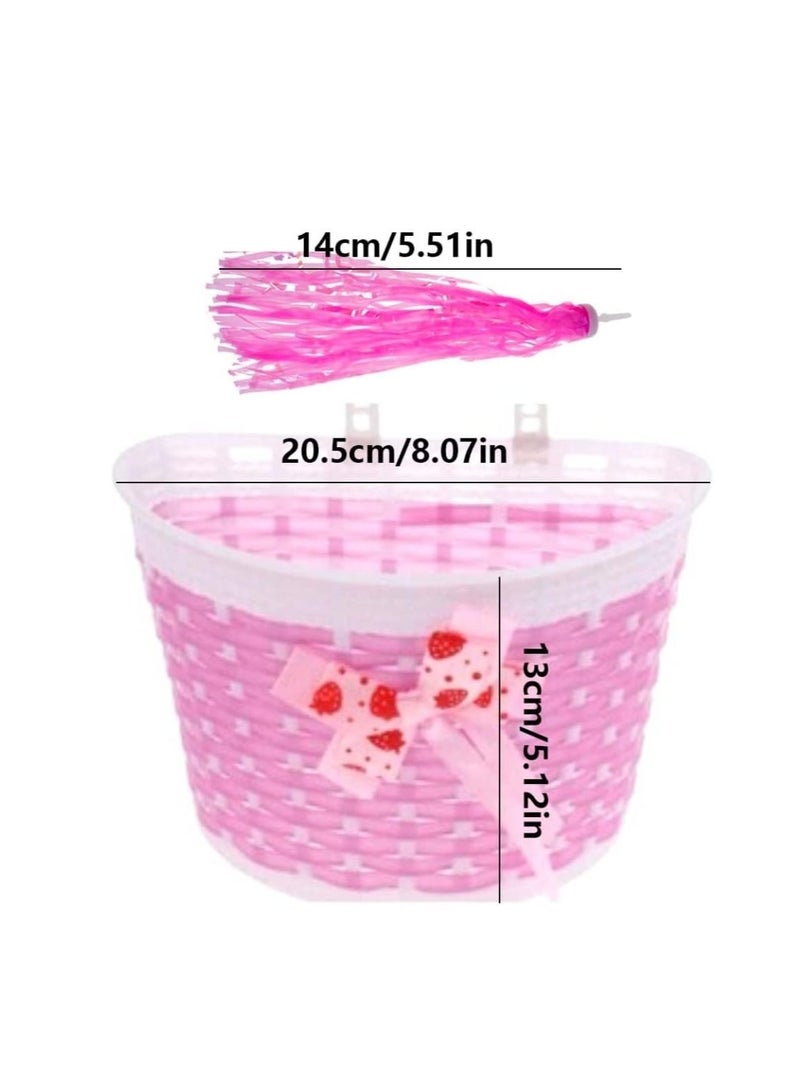 Excefore Kid's Bicycle Basket Streamers Set, Girl Bike Basket, Bike Handlebar Wicker Basket Bike Streamers Bell and Stickers,Bike Basket Front Decoration for Girls Pink - Image 2