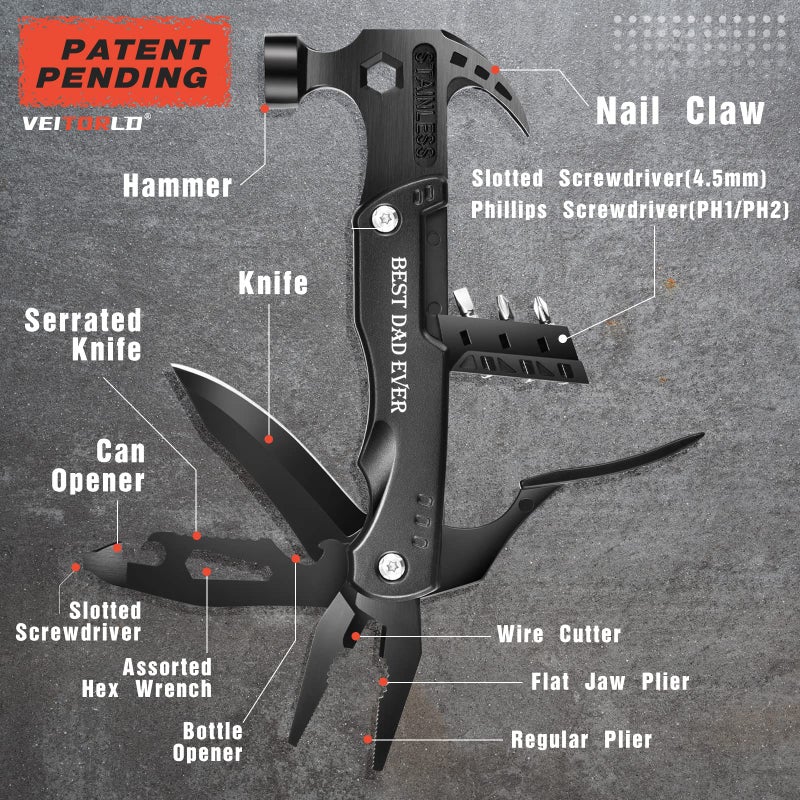 VEITORLD Dad Gifts for Christmas, Gifts for Dad Who Wants Nothing, Stocking Stuffers for Dad Men, Best Dad Ever Gifts from Daughter Son Kids, All in One Survival Tools Hammer Multitool, Cool Gadgets - Image 3