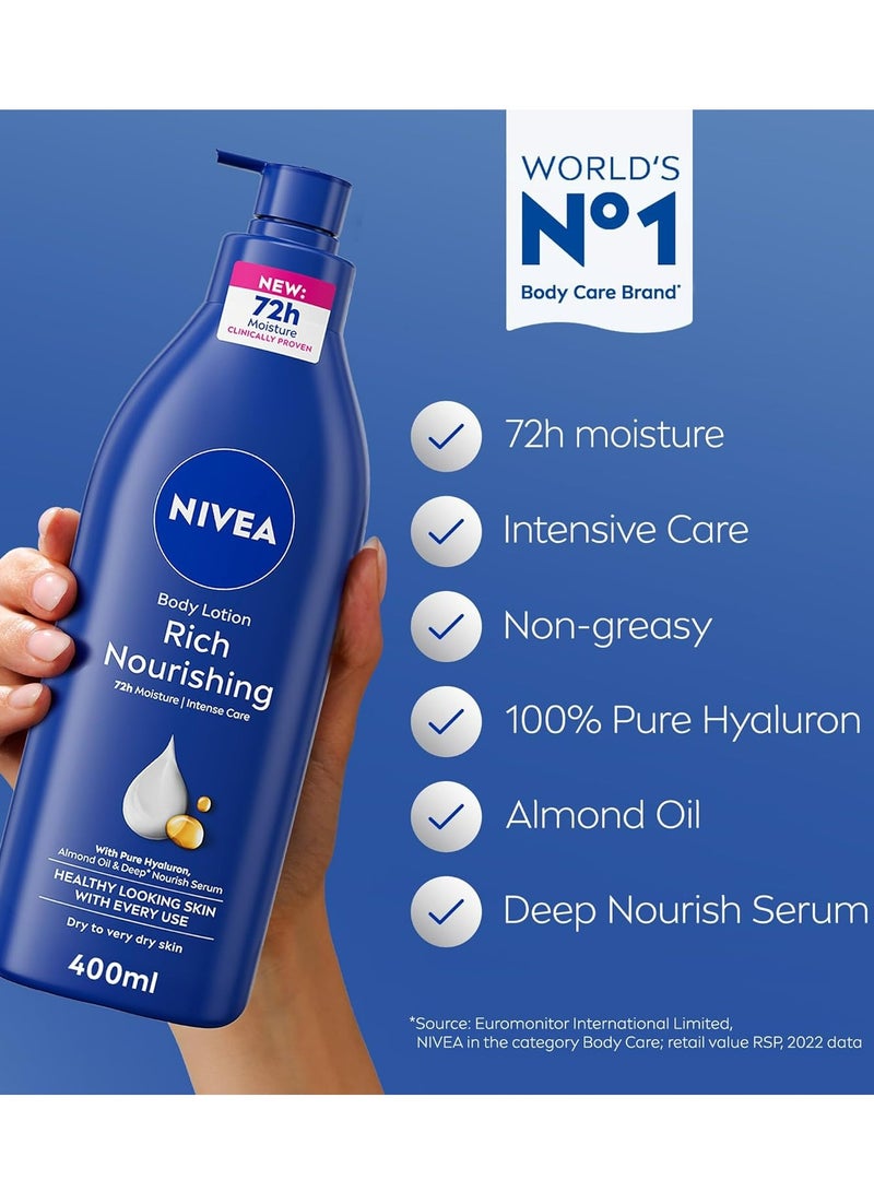 نيفيا لوشن للجسم للبشرة الجافة إلى الجافة جدًا، غني ومغذي 5 في 1، عناية كاملة، ترطيب مكثف لمدة 72 ساعة، 400 مل - Image 2