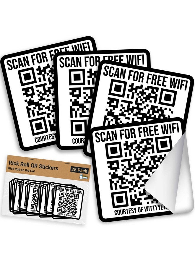 Witty Yeti Ad-Free, Realistic 2x2IN Fake WiFi Rick Roll QR Code Stickers 25 Pack. Best Bulk Practical Joke Novelty Set for April Fools. Trick Friends and Family with Hilarious Vinyl Decal Meme Prank - Image 1
