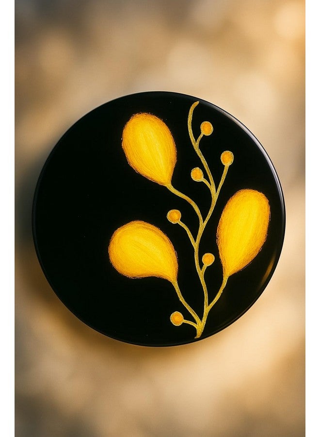 Decorative Floral Coasters, Black with Yellow Botanical Design, Resin-Coated, Set of 5  - Image 5
