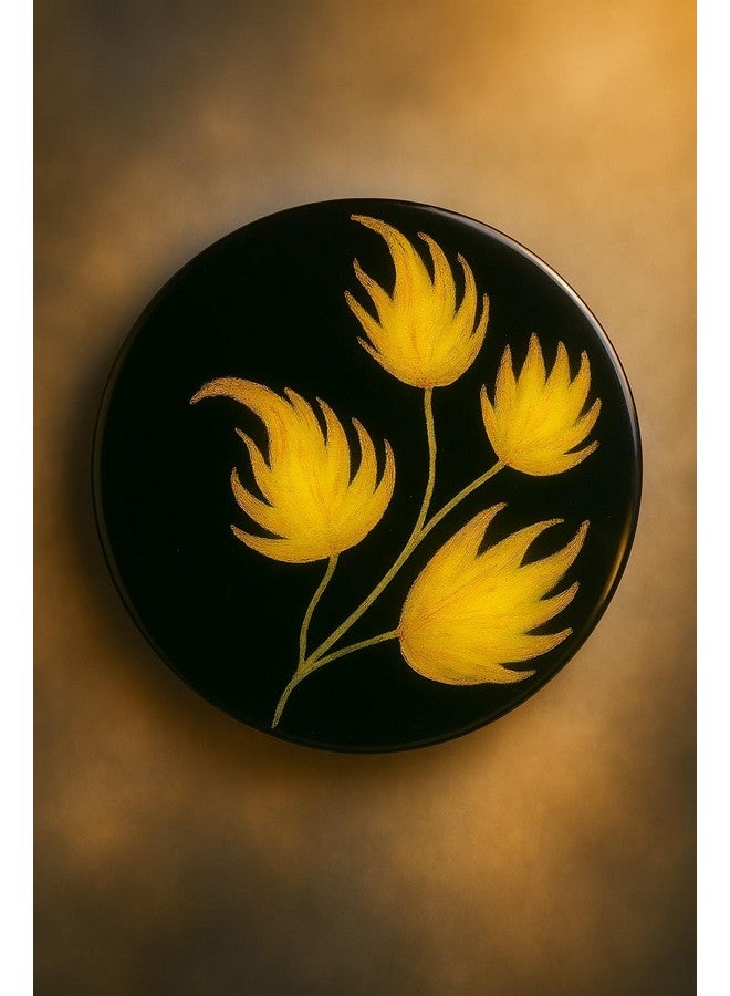 Decorative Floral Coasters, Black with Yellow Botanical Design, Resin-Coated, Set of 5  - Image 2