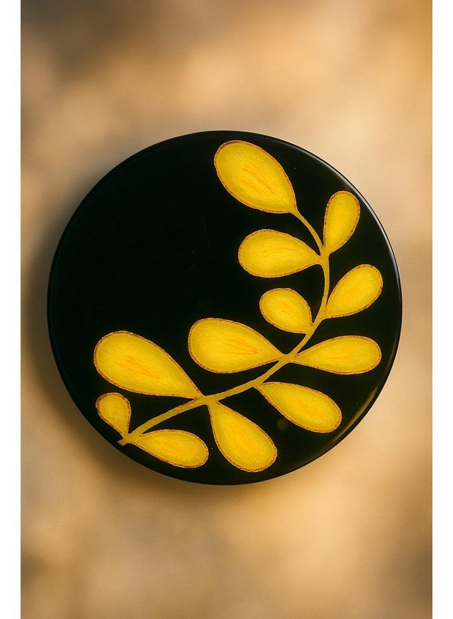 Decorative Floral Coasters, Black with Yellow Botanical Design, Resin-Coated, Set of 5  - Image 4