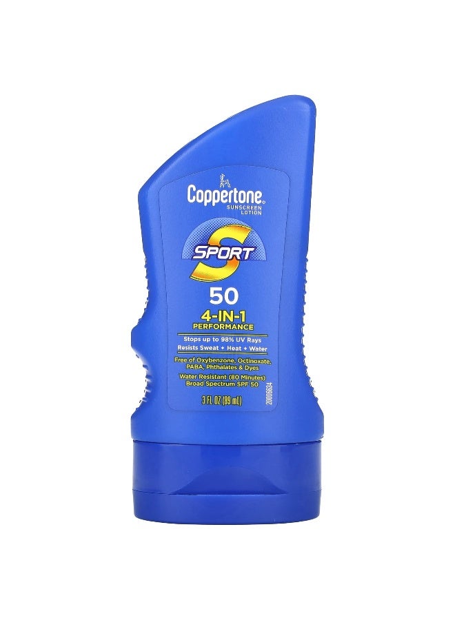 Coppertone, Sport, Sunscreen Lotion, 4-In-1 Performance, SPF 50, 3 fl oz (89 ml) - Image 1