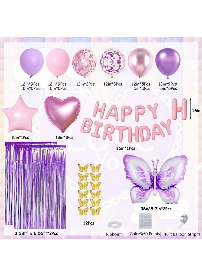 DBKL Purple Birthday Decorations, Purple Pink Party Decorations with Butterfly Confetti Metallic Balloons, Happy Birthday Banner Fringe Curtains for Women Girls Party Supplies - Image 3