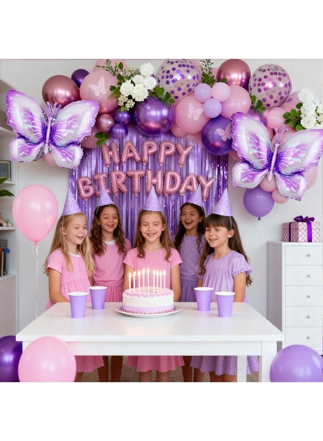 DBKL Purple Birthday Decorations, Purple Pink Party Decorations with Butterfly Confetti Metallic Balloons, Happy Birthday Banner Fringe Curtains for Women Girls Party Supplies - Image 2