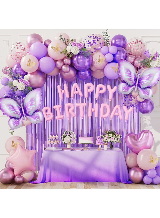 DBKL Purple Birthday Decorations, Purple Pink Party Decorations with Butterfly Confetti Metallic Balloons, Happy Birthday Banner Fringe Curtains for Women Girls Party Supplies - Image 1