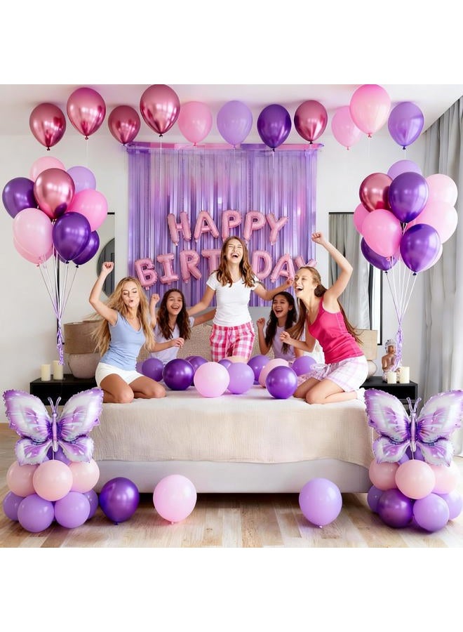 DBKL Purple Birthday Decorations, Purple Pink Party Decorations with Butterfly Confetti Metallic Balloons, Happy Birthday Banner Fringe Curtains for Women Girls Party Supplies - Image 5