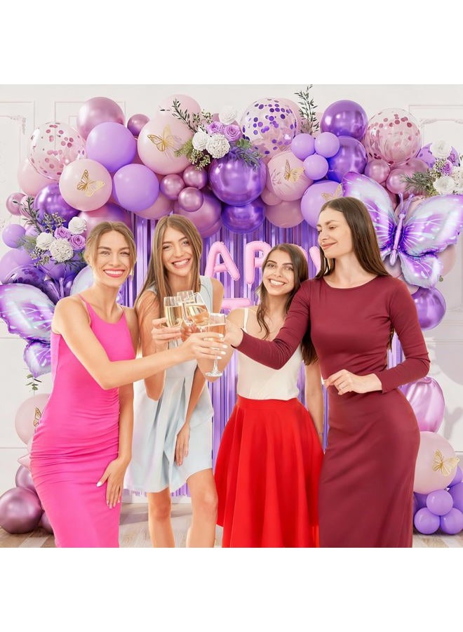 DBKL Purple Birthday Decorations, Purple Pink Party Decorations with Butterfly Confetti Metallic Balloons, Happy Birthday Banner Fringe Curtains for Women Girls Party Supplies - Image 4
