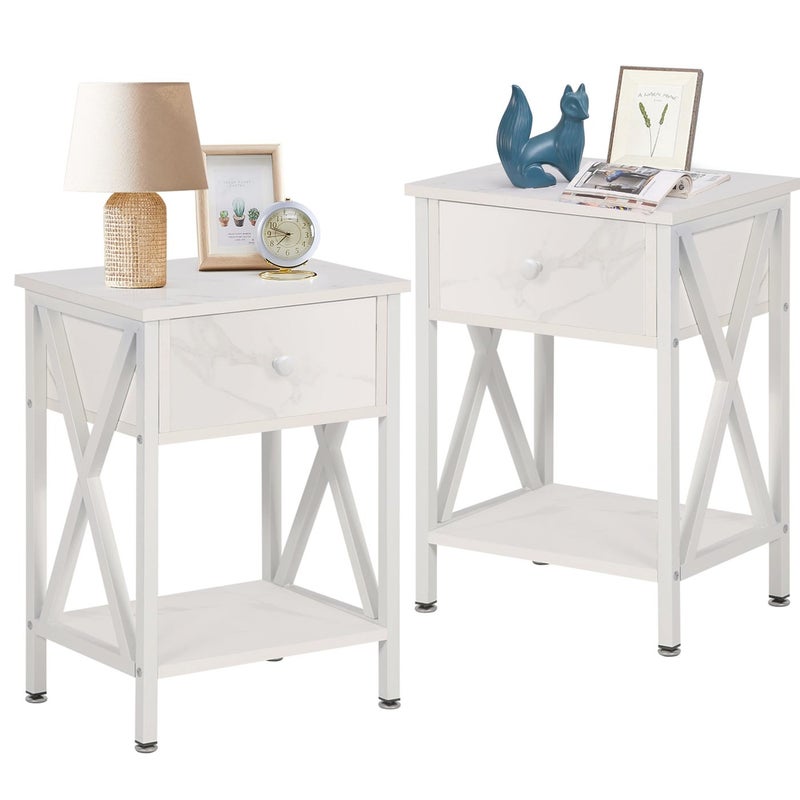 VECELO Nightstands Set of 2 Modern Bedside End Tables Night Stands with Drawer and Storage Shelf for Living Room Bedroom Industrial Metal Frame