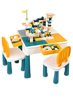 9 in 1 Multi Kids Activity Table Set, with 2 Chairs and 100pcs Large Size Blocks Compatible with Classic Blocks, Water Table, Sand Table and Building Blocks Table for Toddlers Activity