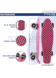 STRAUSS STRAUSS Cruiser Penny Skateboard, Anti-Skid Board with ABEC-7 High Precision Bearings, PU Light-Up Wheels, for Ages 8+ (22 X 6 Inch, Checkered Pink)  - Image 3