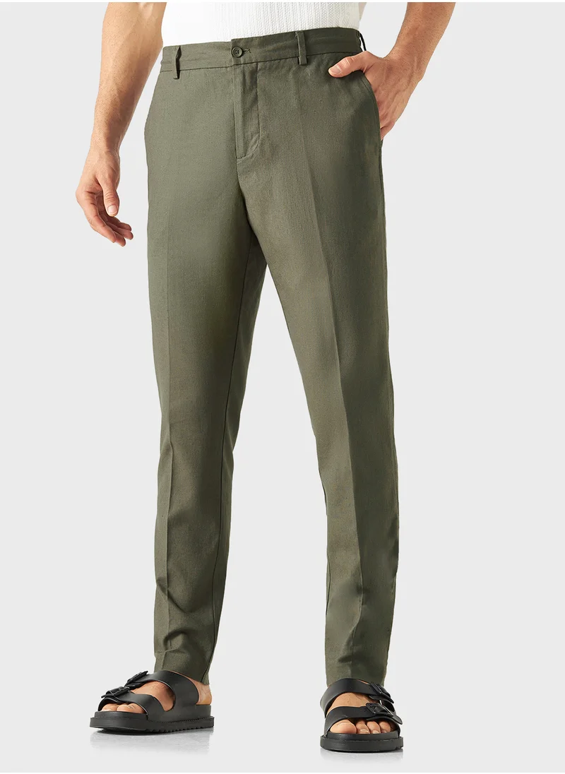 ايكونيك Iconic Solid Linen Blend Trousers with Pockets and