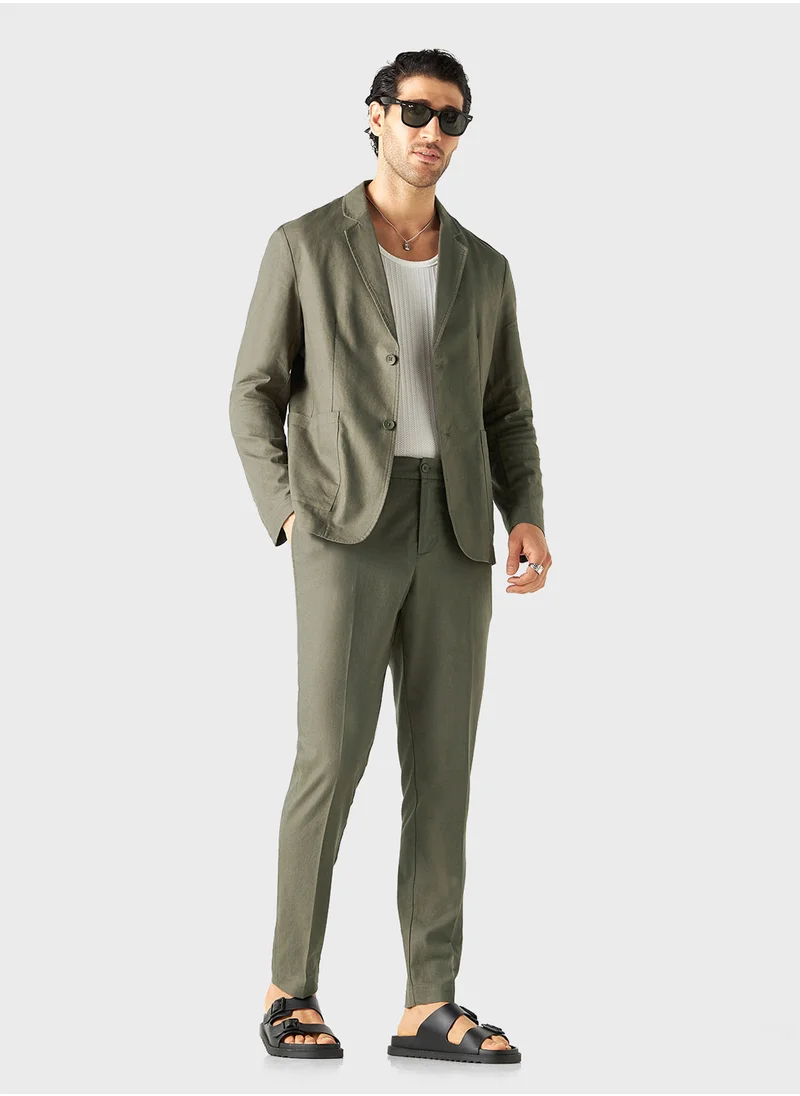 ايكونيك Iconic Solid Linen Blend Trousers with Pockets and
