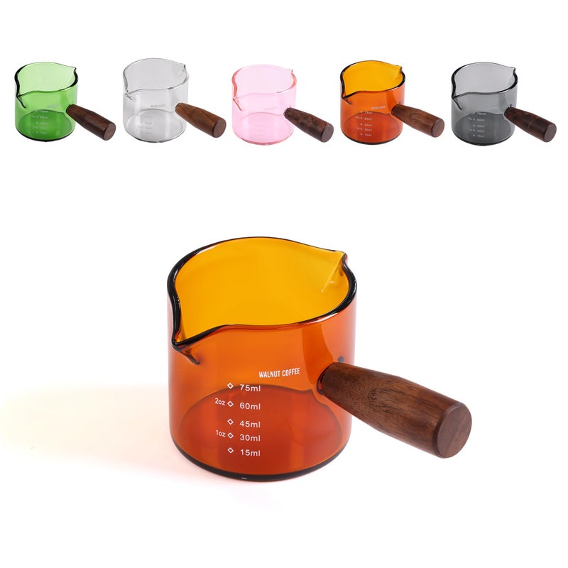 WALNUT COFFEE Amber 3.5oz Espresso Shot Glass Double Spouts with American Walnut Handle, Double Spout Glass Measuring Cup, Milk Frothing Pitcher - Image 1