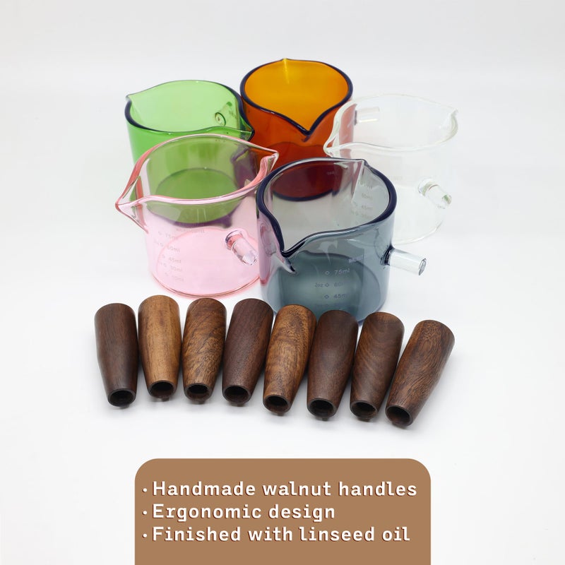 WALNUT COFFEE Amber 3.5oz Espresso Shot Glass Double Spouts with American Walnut Handle, Double Spout Glass Measuring Cup, Milk Frothing Pitcher - Image 3