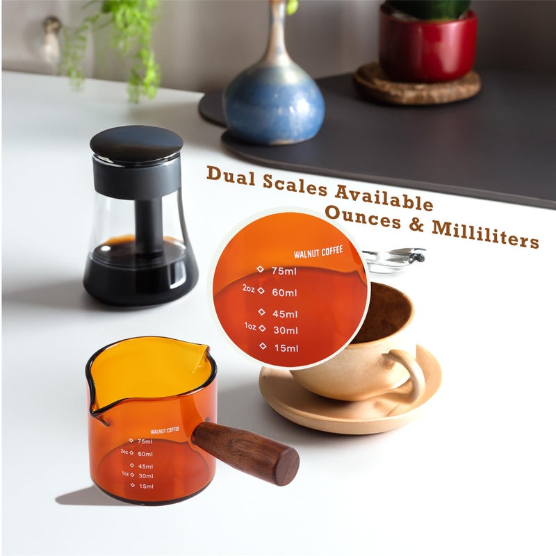 WALNUT COFFEE Amber 3.5oz Espresso Shot Glass Double Spouts with American Walnut Handle, Double Spout Glass Measuring Cup, Milk Frothing Pitcher - Image 2