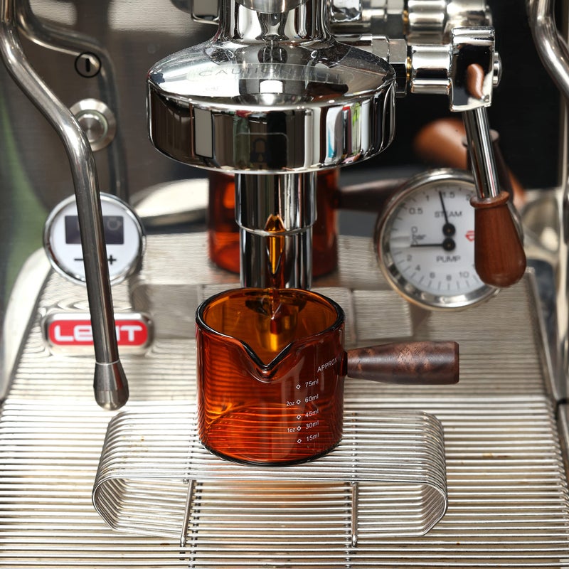 WALNUT COFFEE Amber 3.5oz Espresso Shot Glass Double Spouts with American Walnut Handle, Double Spout Glass Measuring Cup, Milk Frothing Pitcher - Image 5