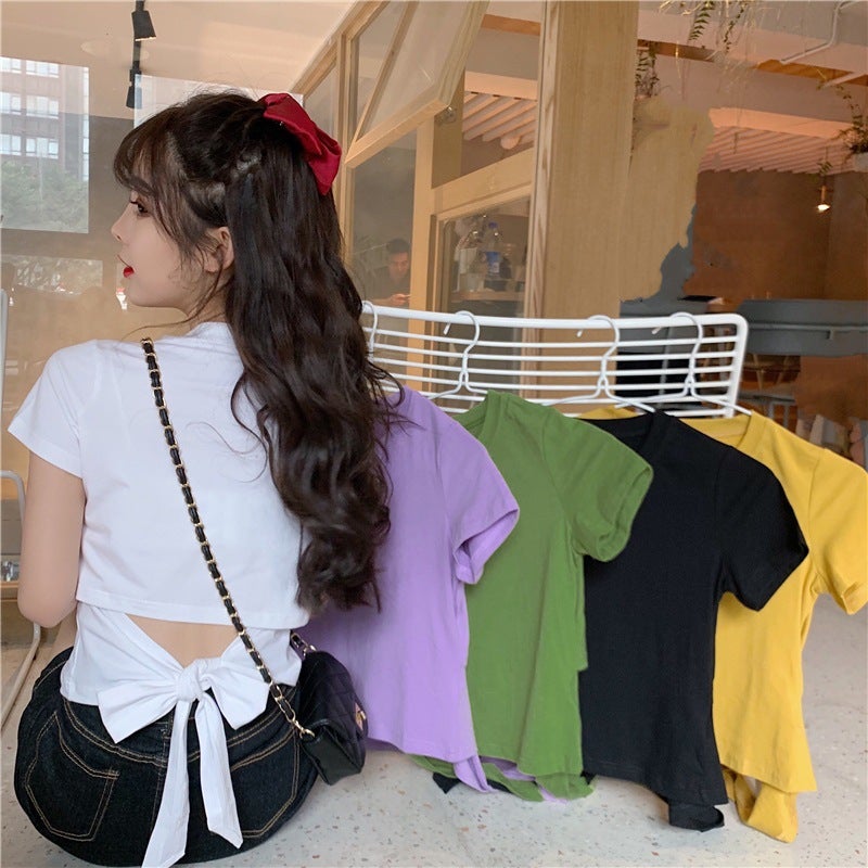 2025 Fashionable New Short-Sleeved T-Shirt For Women, Summer Girl Style, Backless With Bow, Cropped Casual Versatile - Image 2