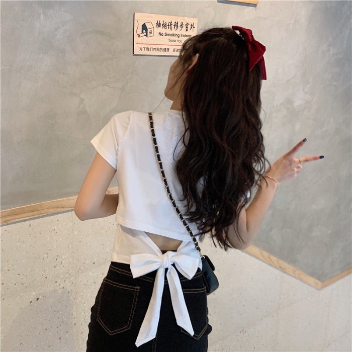 2025 Fashionable New Short-Sleeved T-Shirt For Women, Summer Girl Style, Backless With Bow, Cropped Casual Versatile - Image 1
