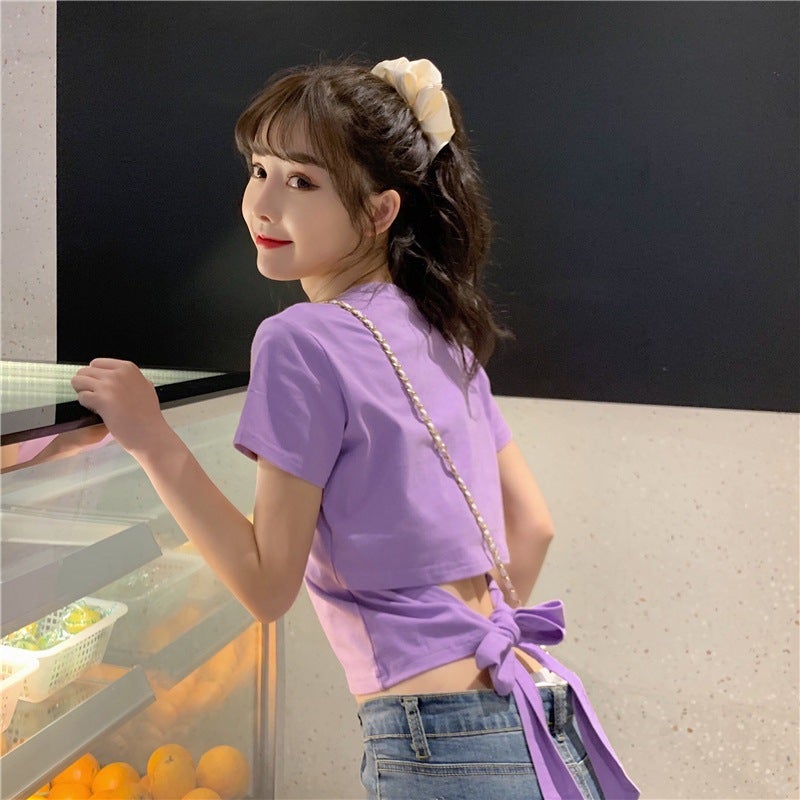 2025 Fashionable New Short-Sleeved T-Shirt For Women, Summer Girl Style, Backless With Bow, Cropped Casual Versatile - Image 3
