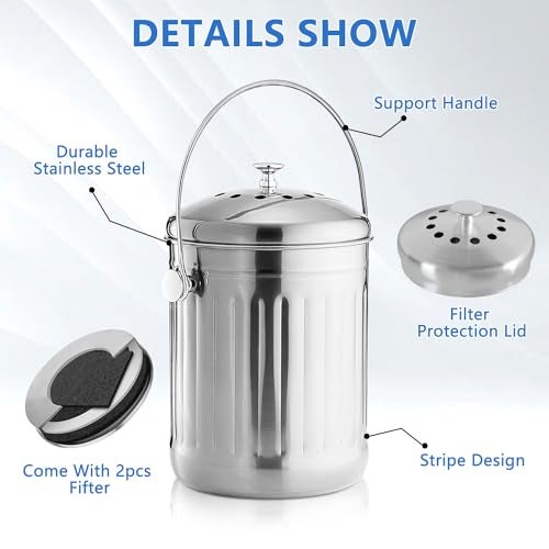 ENLOY Compost Bin for Kitchen Countertop, 1.3 Gallon Stainless Steel Indoor Compost Bucket for Kitchen Countertop Odorless Compost Pail for Kitchen Food Waste with Carrying Handle Easy to Clean - Image 4