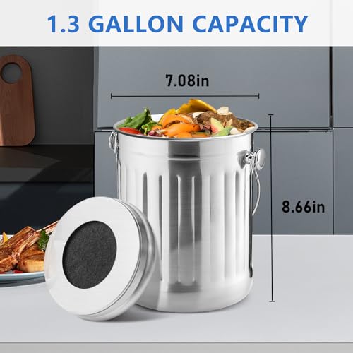 ENLOY Compost Bin for Kitchen Countertop, 1.3 Gallon Stainless Steel Indoor Compost Bucket for Kitchen Countertop Odorless Compost Pail for Kitchen Food Waste with Carrying Handle Easy to Clean - Image 2