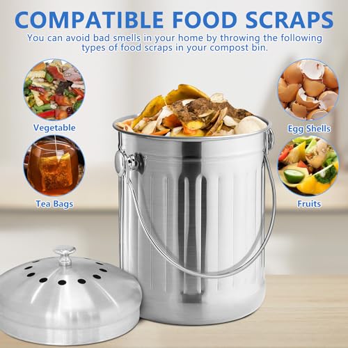 ENLOY Compost Bin for Kitchen Countertop, 1.3 Gallon Stainless Steel Indoor Compost Bucket for Kitchen Countertop Odorless Compost Pail for Kitchen Food Waste with Carrying Handle Easy to Clean - Image 3