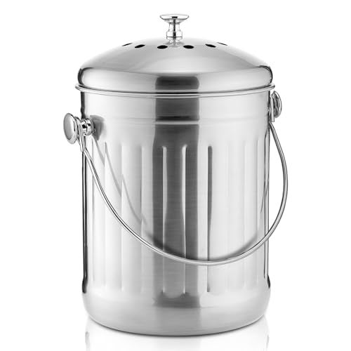 ENLOY Compost Bin for Kitchen Countertop, 1.3 Gallon Stainless Steel Indoor Compost Bucket for Kitchen Countertop Odorless Compost Pail for Kitchen Food Waste with Carrying Handle Easy to Clean - Image 1