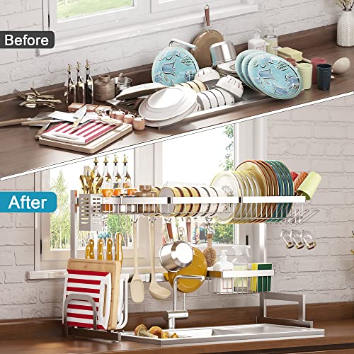 PUSDON Over Sink Dish Drying Rack Stainless Steel, Adjustable Large Dish Drainer for Storage Kitchen Organization Silver 2 Tier - Standard(26"-38") - Image 2