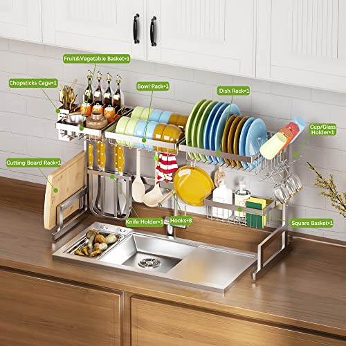 PUSDON Over Sink Dish Drying Rack Stainless Steel, Adjustable Large Dish Drainer for Storage Kitchen Organization Silver 2 Tier - Standard(26"-38") - Image 3