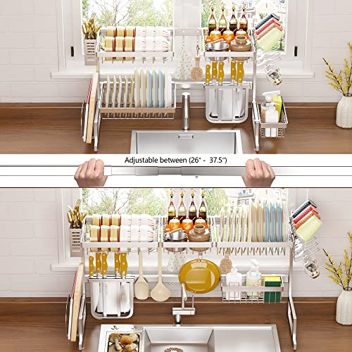 PUSDON Over Sink Dish Drying Rack Stainless Steel, Adjustable Large Dish Drainer for Storage Kitchen Organization Silver 2 Tier - Standard(26"-38") - Image 4