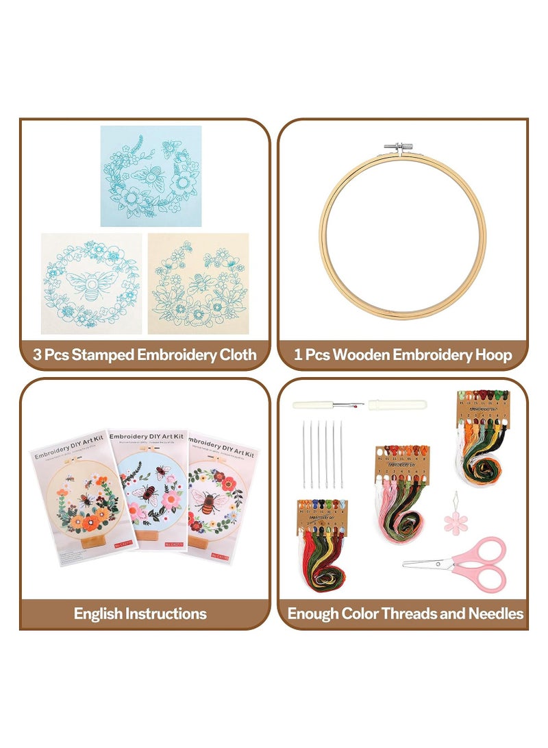 Excefore 3 Pack Embroidery Kit for Beginners Cross Stitch Kits for Adults Hand Embroidery with Bee Patterns DIY Kits with 1 Wooden Hoop, Scissors, Threads and Needles  - Image 5