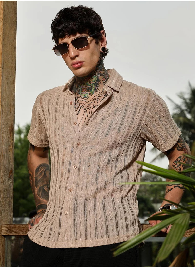 Campus Sutra Men's Sand Beige Ridge Knit Shirt For Casual Wear | Spread Collar | Short Regular Sleeves | Button Closure | Shirt Crafted With Comfort Fit For Everyday Wear