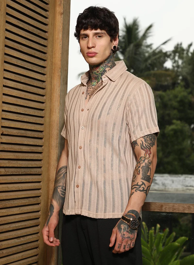 Campus Sutra Men's Sand Beige Ridge Knit Shirt For Casual Wear | Spread Collar | Short Regular Sleeves | Button Closure | Shirt Crafted With Comfort Fit For Everyday Wear