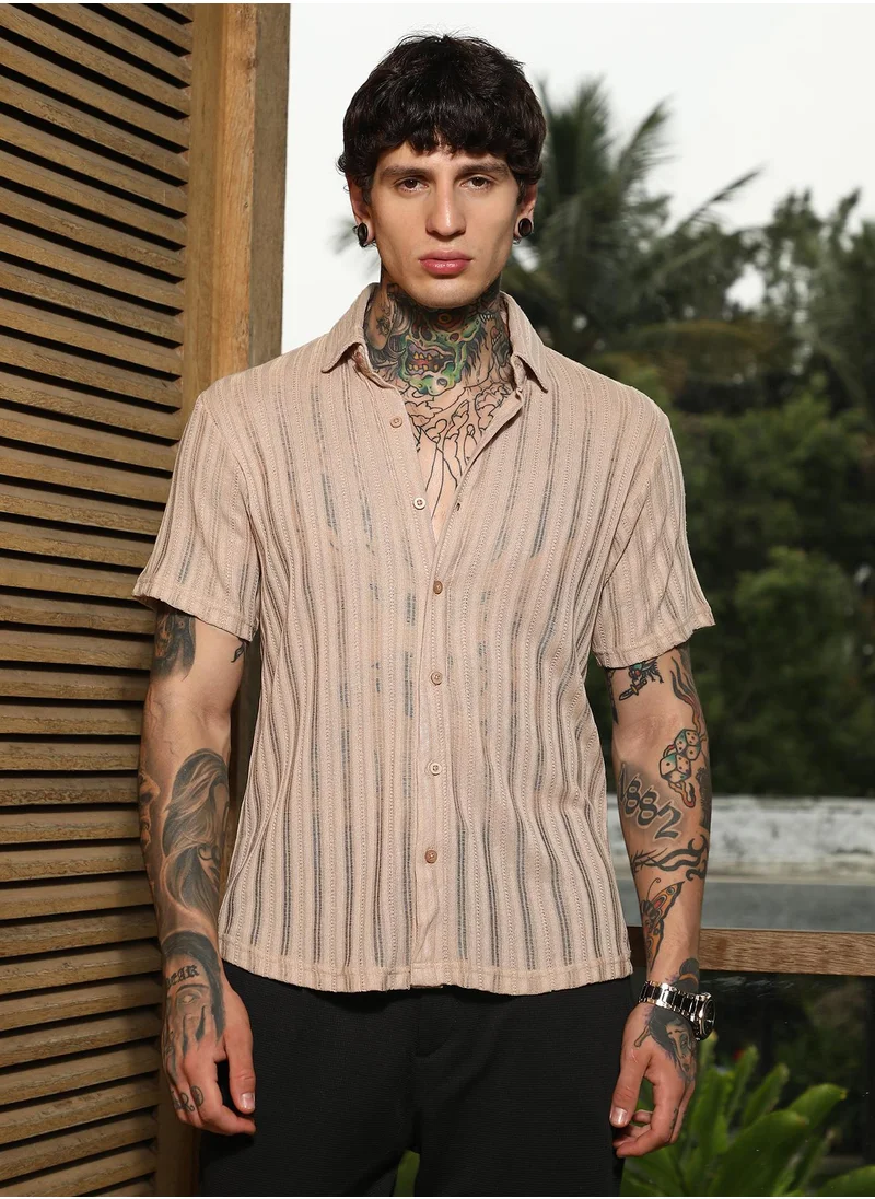 Campus Sutra Men's Sand Beige Ridge Knit Shirt For Casual Wear | Spread Collar | Short Regular Sleeves | Button Closure | Shirt Crafted With Comfort Fit For Everyday Wear