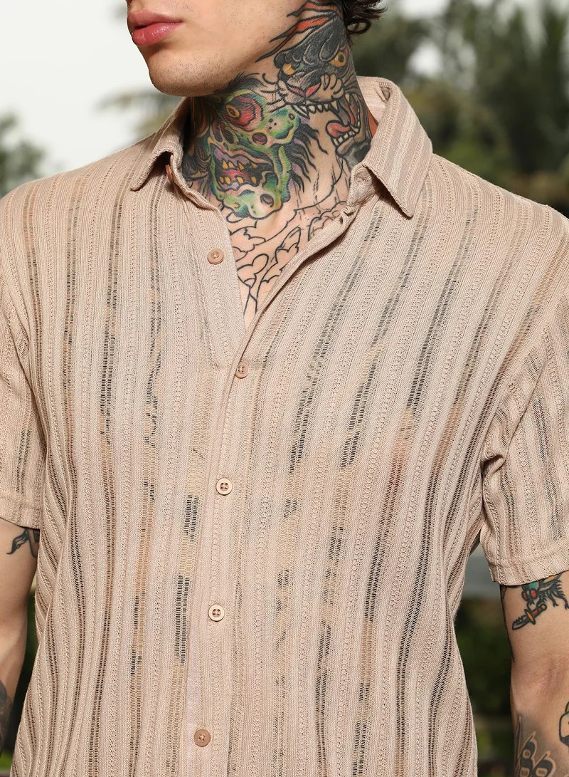 Campus Sutra Men's Sand Beige Ridge Knit Shirt For Casual Wear | Spread Collar | Short Regular Sleeves | Button Closure | Shirt Crafted With Comfort Fit For Everyday Wear